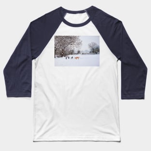 dog snow scene landscape with trees & rooftops art Baseball T-Shirt